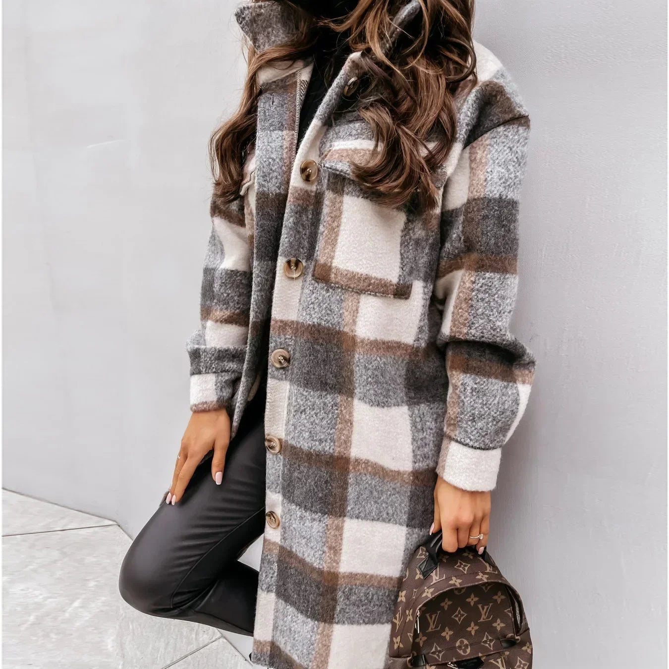 Single Breasted Fashion Long Plaid Overcoat .  S-3X