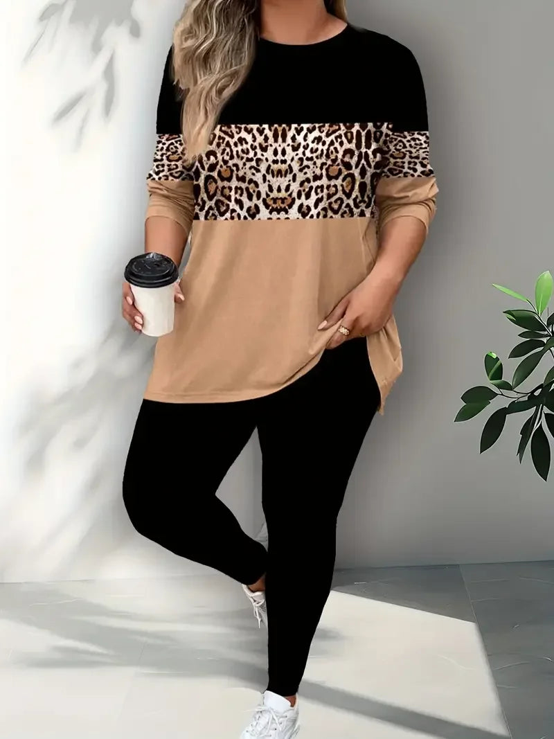 Women Fashion Leopard Print Two Piece Set Outfit Casual Long Sleeve Contrast Colour Tops and Pants.