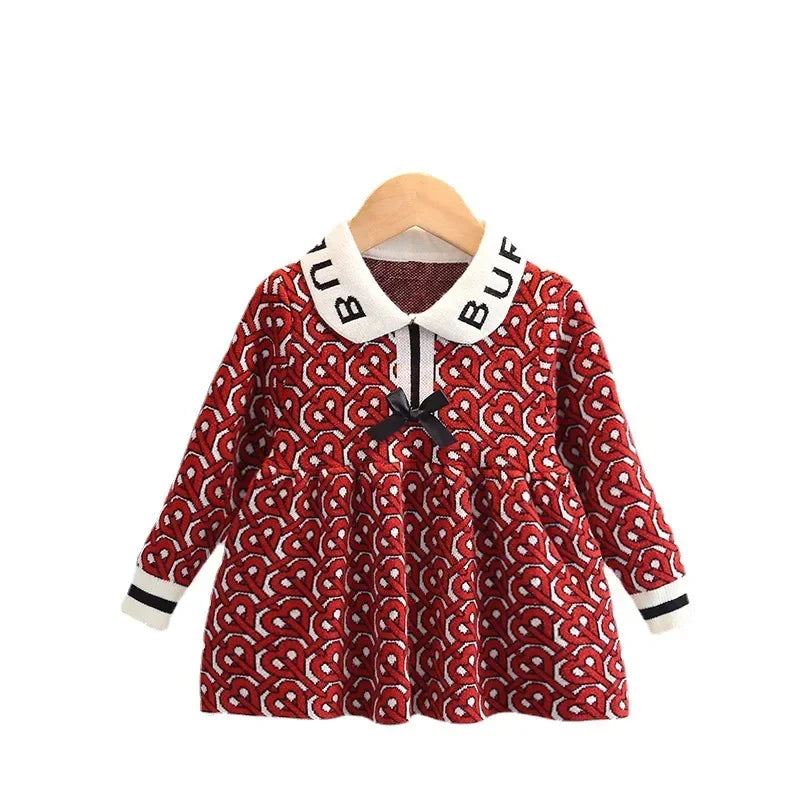 Heart Shape Thick Children Princess Kids Winter Heart Letter Bow Dress for Girl Clothing