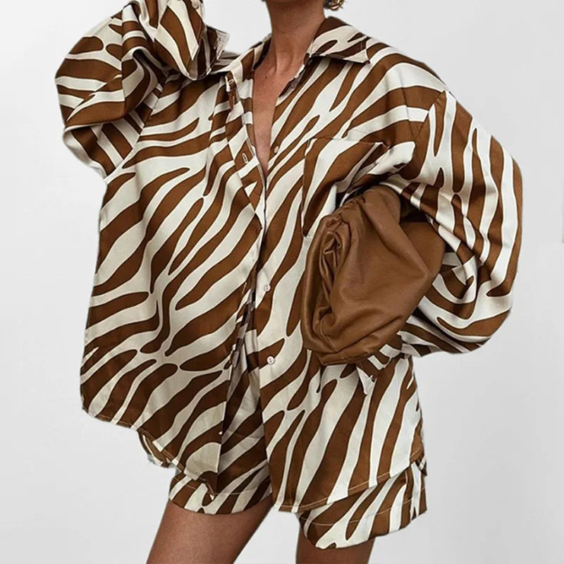 Leopard Print Spring Summer Shorts Set Women's Fashion Top Shorts Button Up Shirt+high Waist Shorts Set Casual Two-piece Set.  S-3X