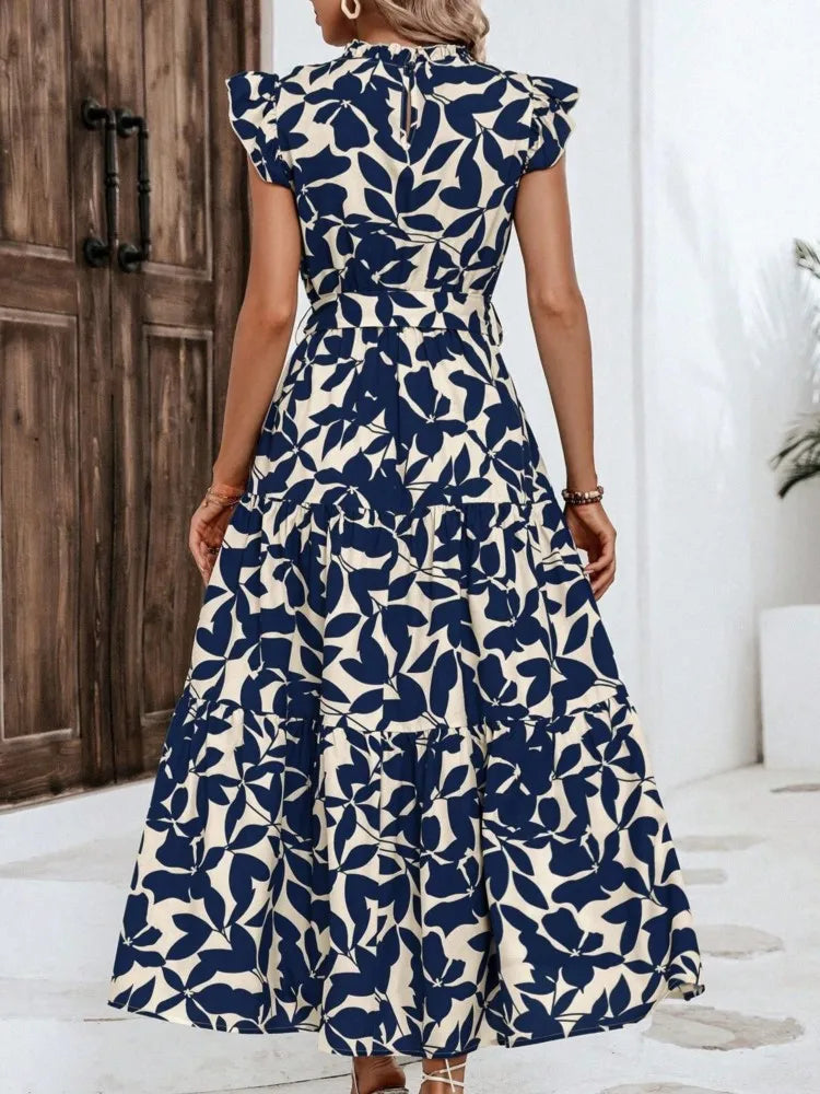 Elegant Women's Flower Midi Dress New Summer Fashion Stand Collar Flying Sleeve Dress Casual Dress.  S-2X