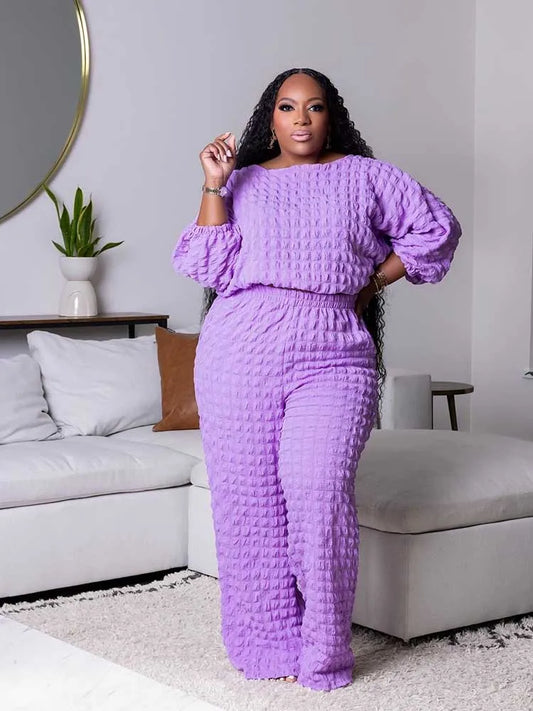 Curvy Size Woman Casual and Comfortable Long Sleeve 2 Piece Outfit Set Bubble Waffle Pleated Top and Pants.