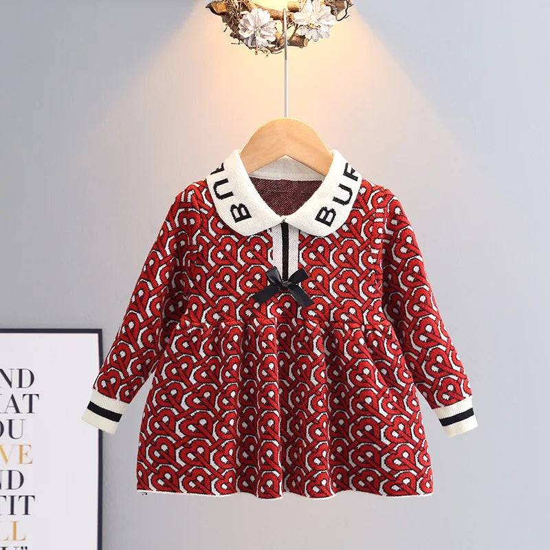 Heart Shape Thick Children Princess Kids Winter Heart Letter Bow Dress for Girl Clothing