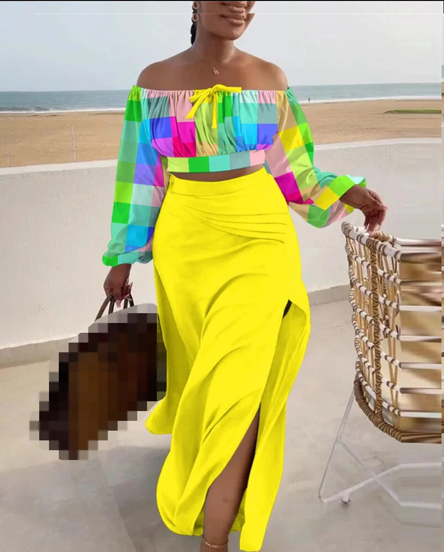 Casual Off Shoulder Sexy Slit Printed Loose Long Skirt Two Piece Set For Women Vacation Summer Outfit.  S-3X