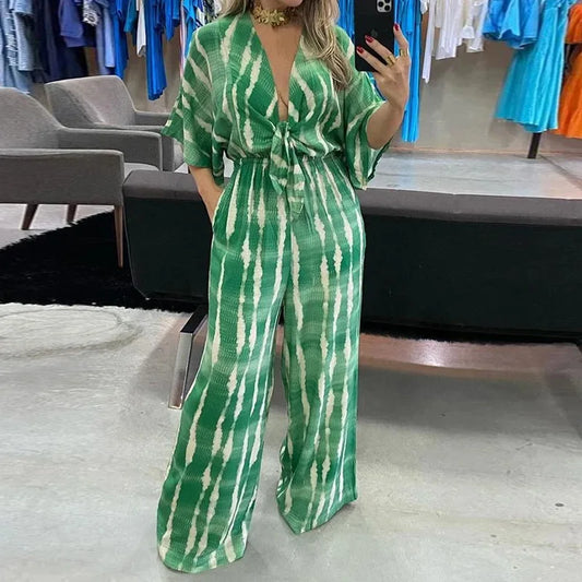 Elegant Women's Jumpsuit 2025 Summer Simple Casual  V-neck Loose Lady Fashion Wide Leg.   S-XXXL