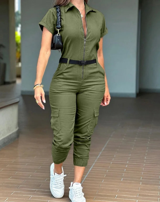 New Fashion Summer Casual Solid Colour Short Sleeved High Waist Jumpsuit.  S-XL