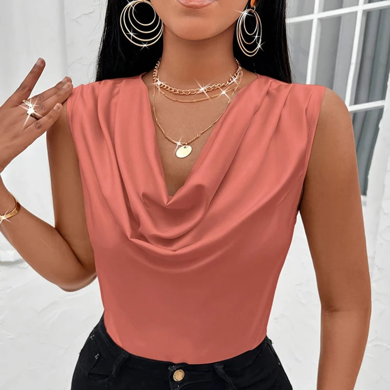 Basic Women Silk-Like Satin Top Summer Sexy Cowl Neck Top.  S-xxL