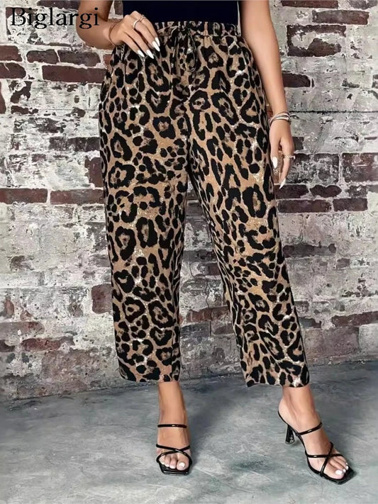 Plus Size Leopard Print Summer Elastic High Waist  Women Casual Fashion Ladies Trousers Loose Pleated Pants