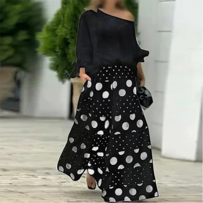 Ladies Spring And Summer Elegant Fashion Print Two-Piece Set Casual Off-Shoulder Long-Sleeve Solid Top.