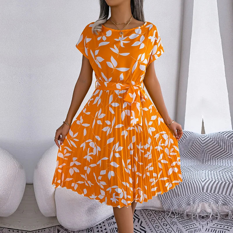 Women Spring Summer Short Sleeve High Waist Fashion Floral Pleated A Line Long Dress.  S-6X