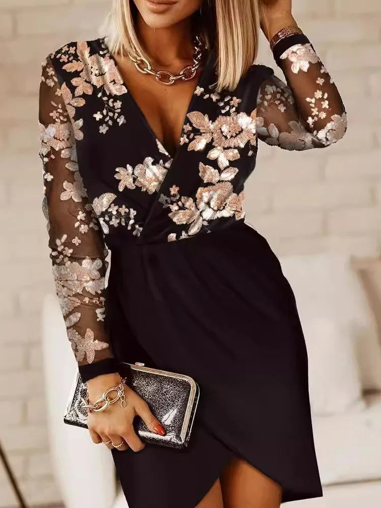 Women's Sexy Party Dress Deep V-neck Sequins Long Sleeve Elegant Dress.  S-3x