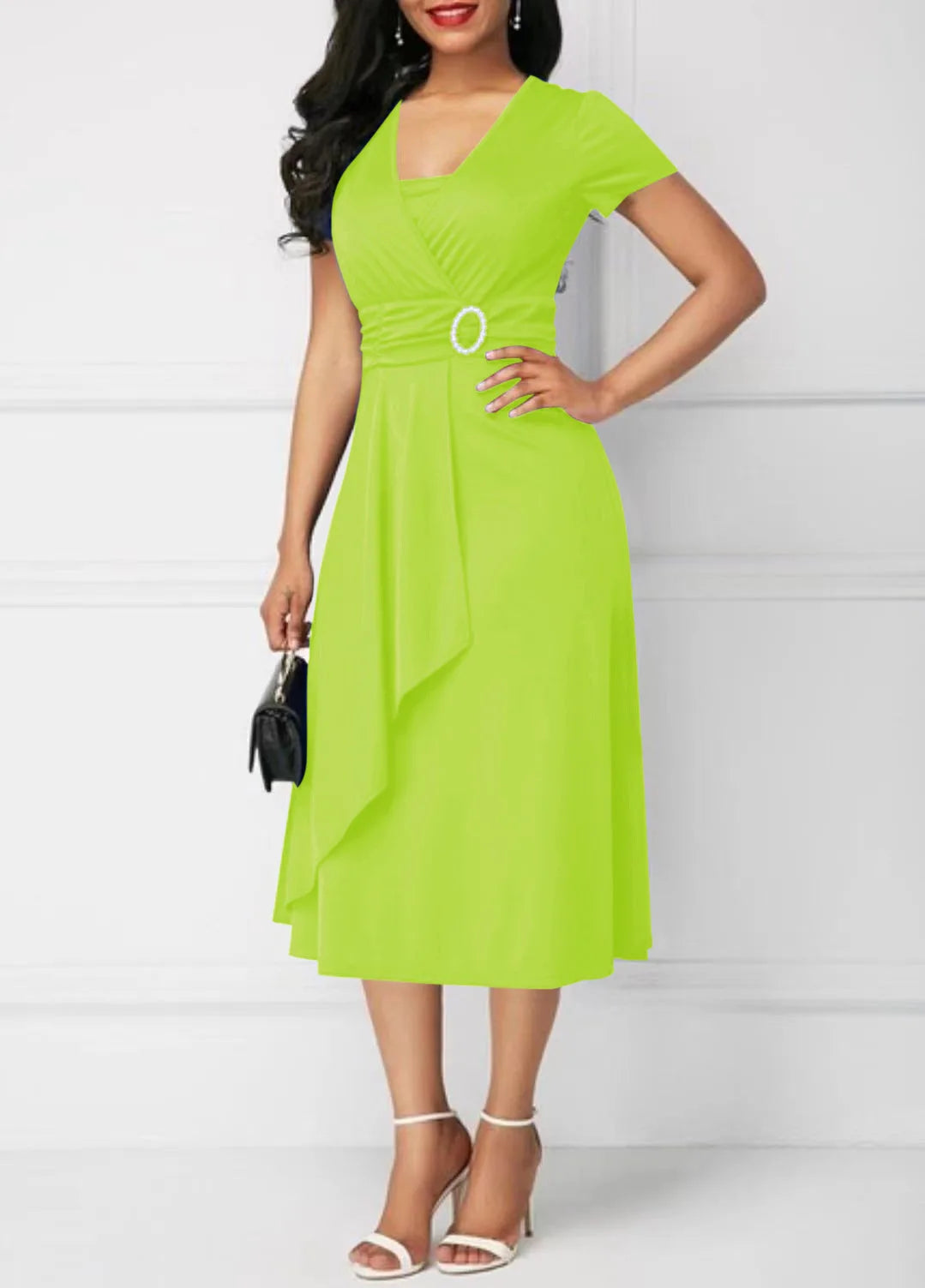 Elegant Women Solid Colour Short Sleeve V Neck Midi Party Dress.  S-5X