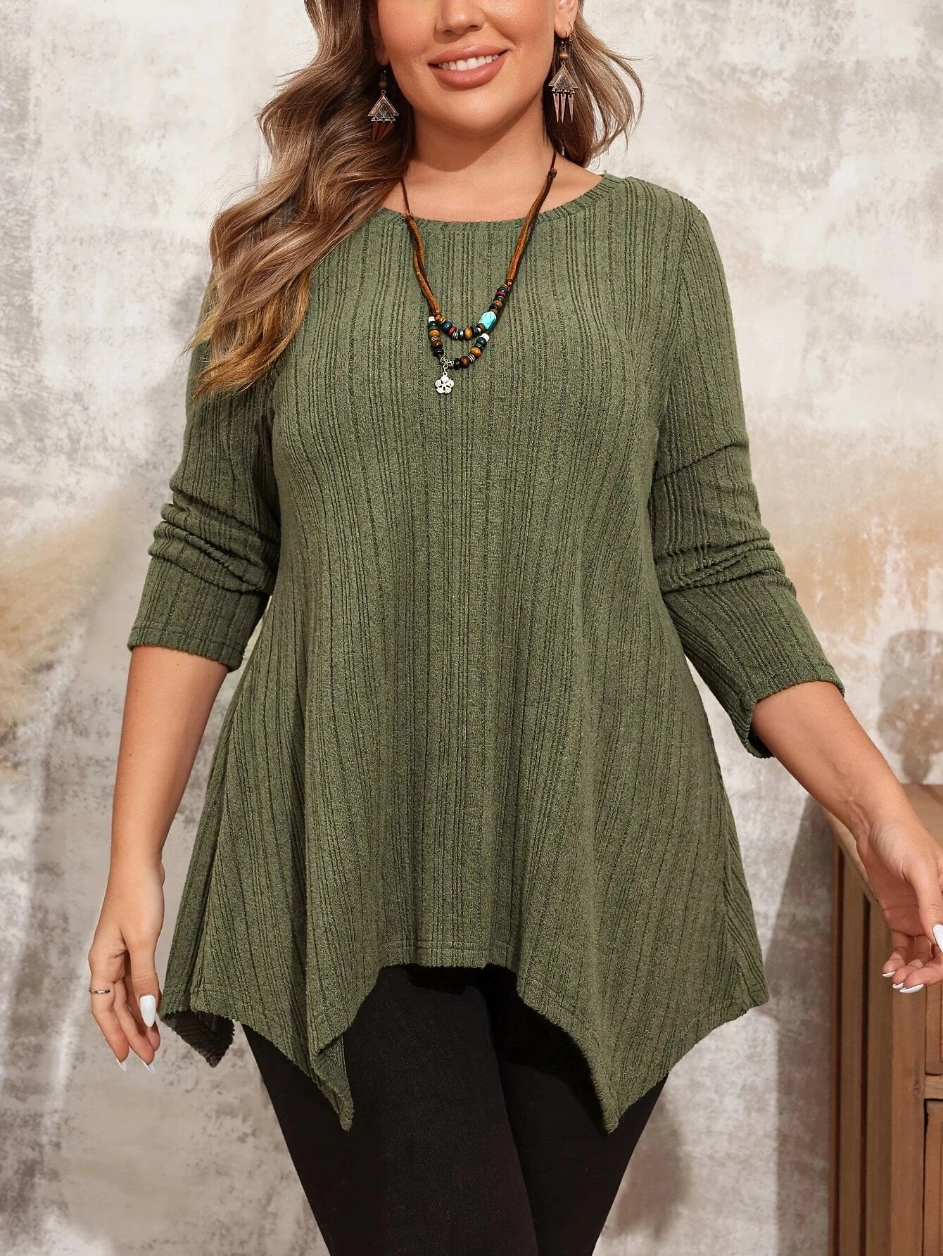 Plus Size Casual Long Sleeve Crew Neck Top For Spring & Fall,