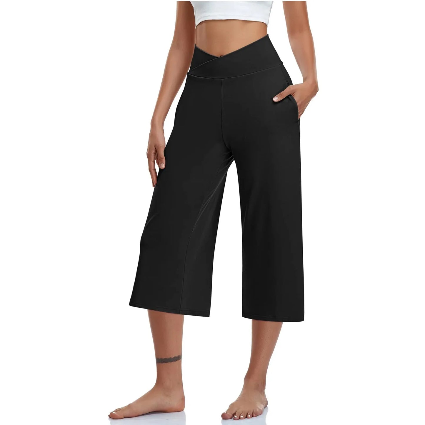 Spring and Summer Women Elastic High Waist 3/4 Pant Solid Casual Active Fit Wide Capri Leg Trousers With Pockets.  S-3X
