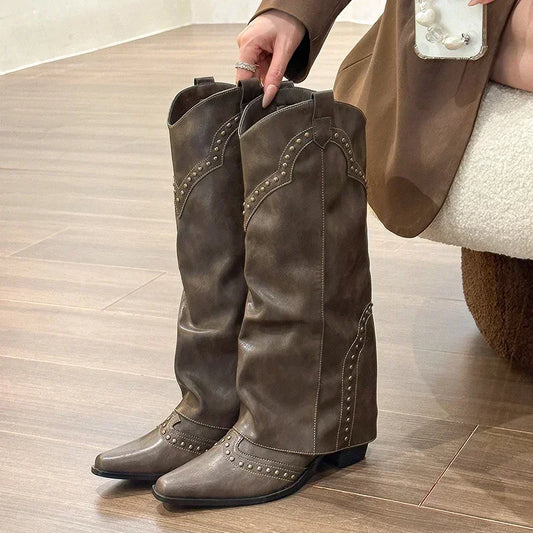 Woman Cowgirl Boots Fashion Slip On Elegant Square Heel