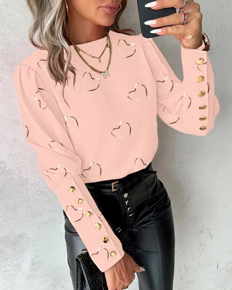 Women's Fashionable Heart Printed Long Sleeved Top with Round Neck Button Casual Blouse.  S-xxl