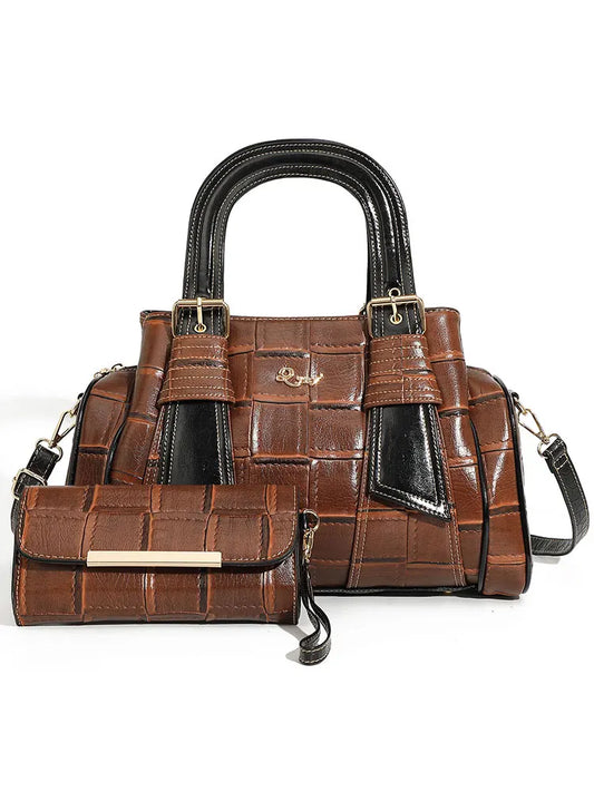 Luxe Designer Leather Handbag Set - Large Capacity Top Handle Purse with Crossbody Strap & Matching Wallet.