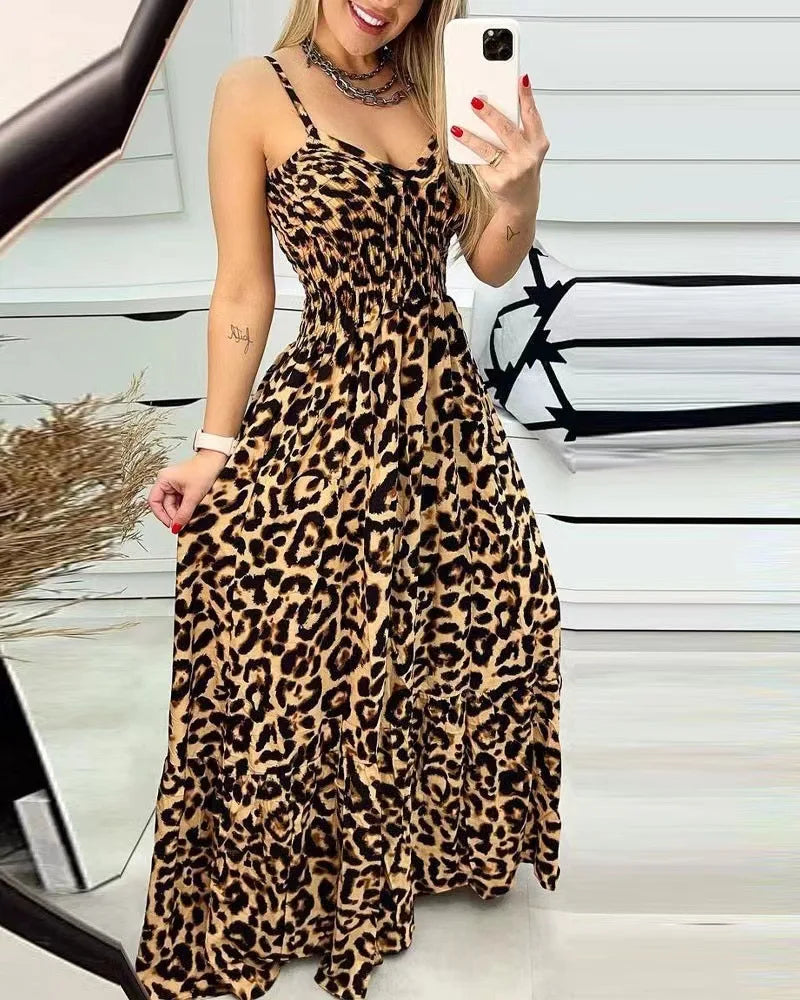 Women's Fashion Leopard Print Sexy Long Sling Summer Dress.   S-3X