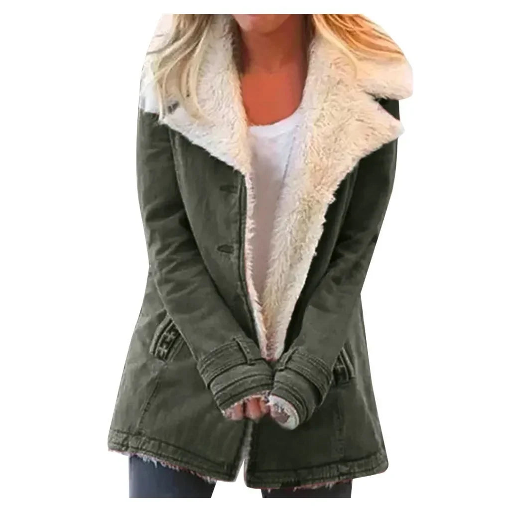 Women Autumn Winter Solid Color Plush Lapel Fashion Casual Jacket.  S-3X