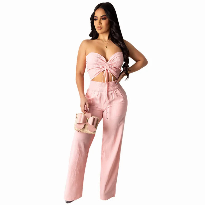 Women Two Piece Sets Halter Matching Sets Backless Short Top Wide Leg Long Pants Elastic Waist Casual Wear