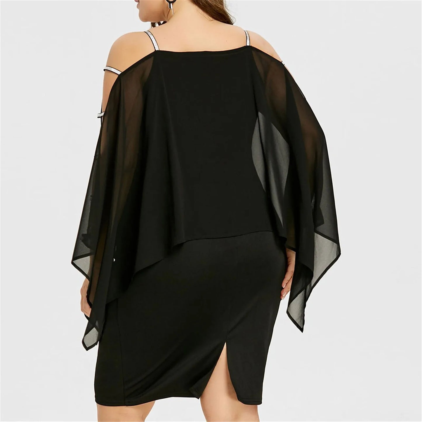 Womens Plus Size Ladder Cut Overlay Asymmetric Chiffon Mini Dress