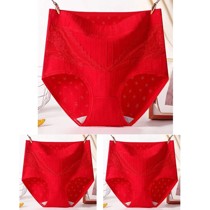 3pcs Curvy Size High Quality Cotton Underwear Lace High Waist Breathable Solid Colour.