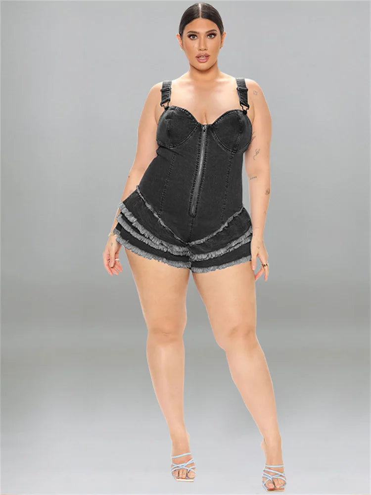 Plus Size Denim Jumpsuit Summer Sexy Slip Zipper Up Fit Romper