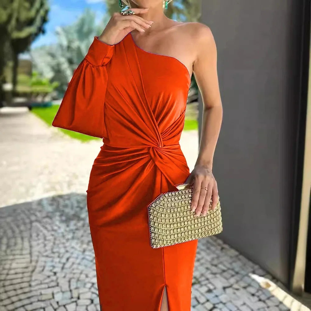 Women's Sexy Party Spring Summer New Skew Collar Fashion Maxi Dress One Shoulder Ladies Dress.  S-3X