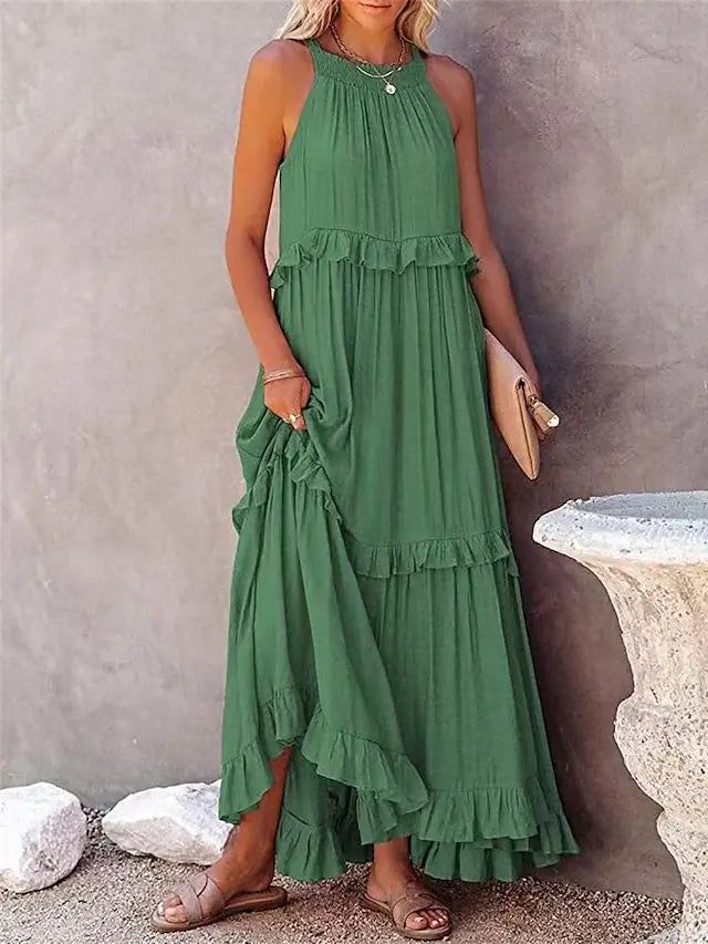 Women's Spring Summer New Collection Solid Colour Fashionable Ruffle Edge Long Dress.  S-xxL