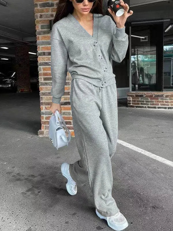 Fashion Sporty Suit For Women Casual Single Breasted Long Sleeved Straight Pants 2 Piece Set.  S-3x