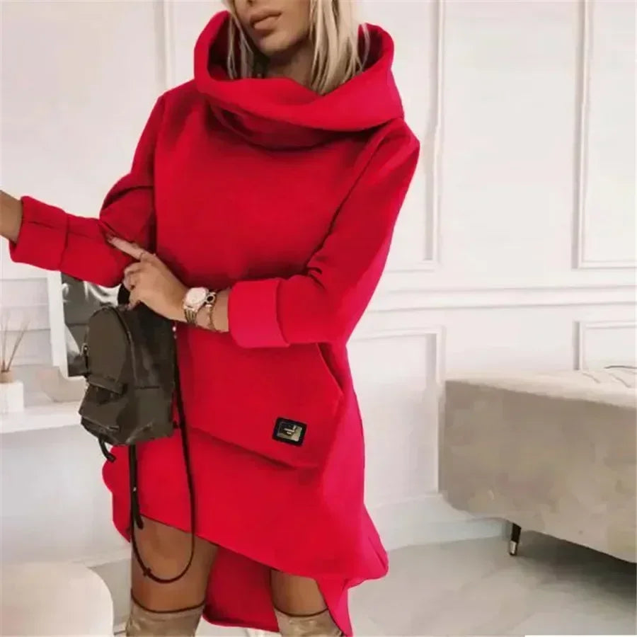2025 Women's Hoodie Dress Long Sleeve Pocket Sweatshirt Dress Warm Casual Fashion Clothing Ladies.  S-XL