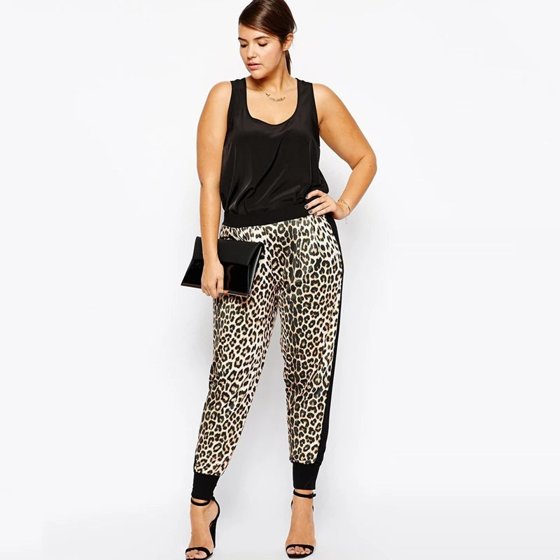 Plus Size Pleated Causal Leopard Elastic Waist Pants