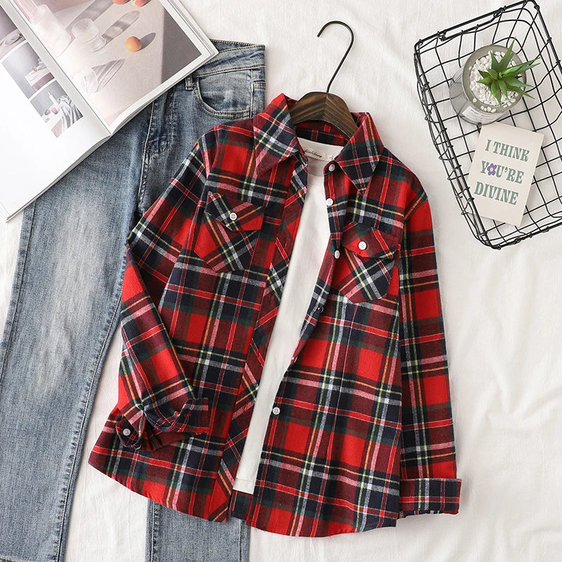 Cotton Flannel Plaid Casual Slim Fit Long Sleeve Top.  XS-3XL