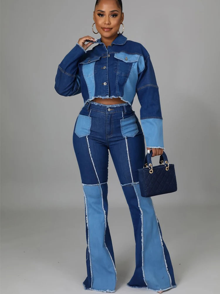 Women's Matching Set Denim Patchwork Vintage Short Jacket and Flare Pant Two Piece Set Outfit Autumn Casual Y2K Fashion Sets