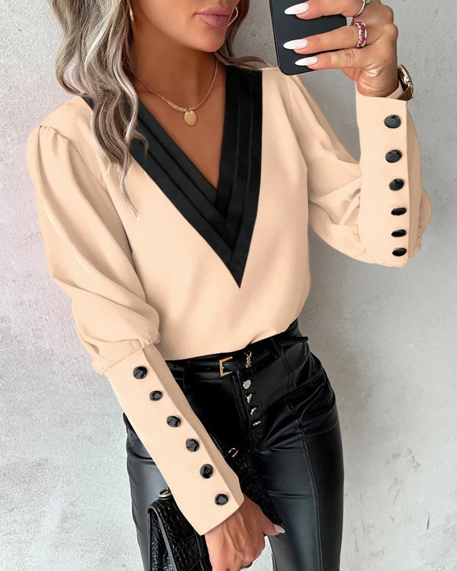 Elegant Women's 2025 New Fashion V-neck Contrasting Loose Long Sleeved Button Women's Shirt.  S-2X