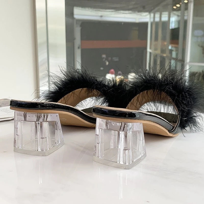 Fashion Women's Summer New Open Toe Plush Faux Fur Chunky Heel  Square Toe Sandal