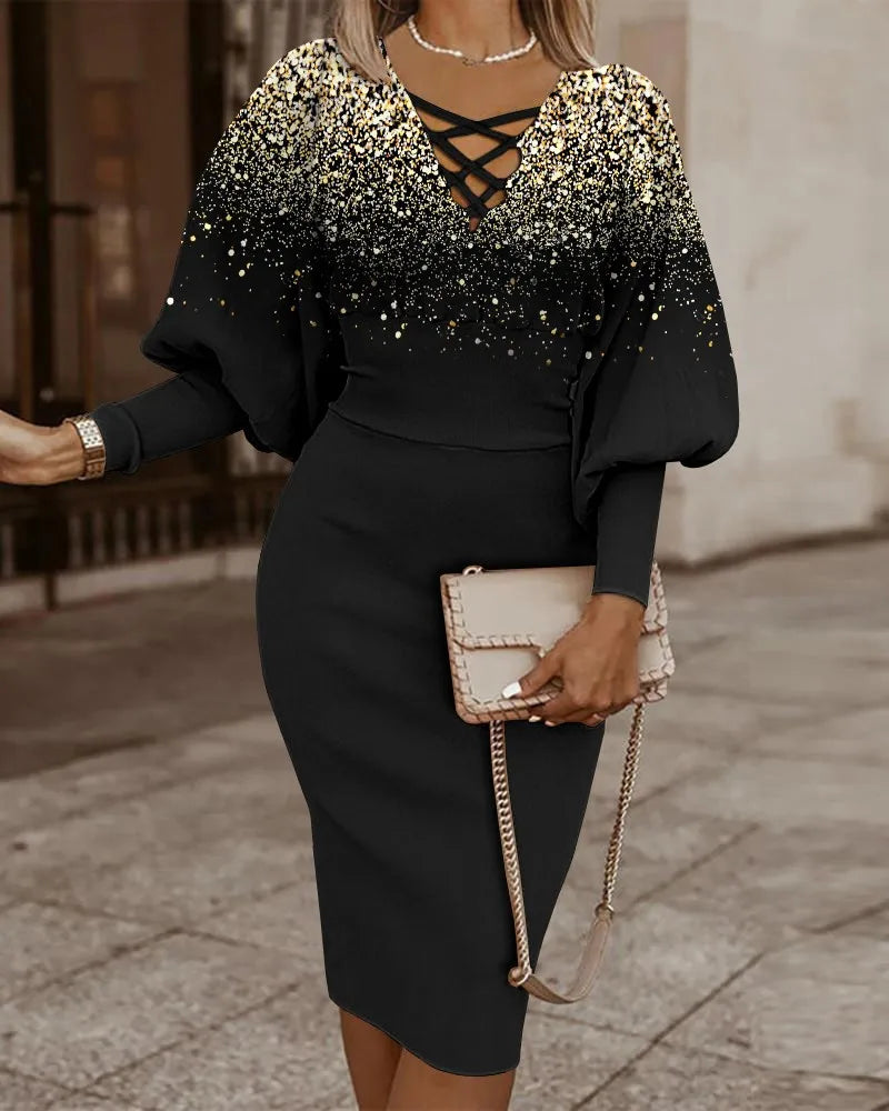 Women's Elegant V-Neck Long Sleeve Dress - Slim Fit Autumn Winter Waist Dress  S-2X