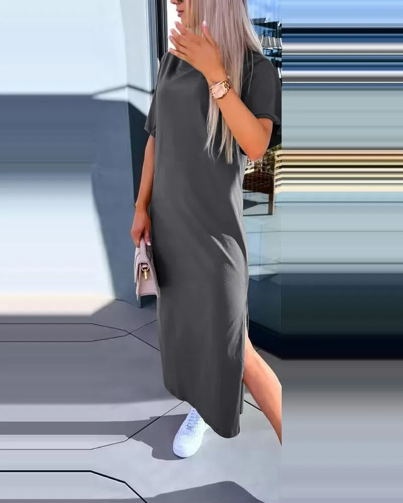 Simple O Neck Short Sleeve Solid Dress For Women Summer Casual Loose Split Long Dress.   S-2xL