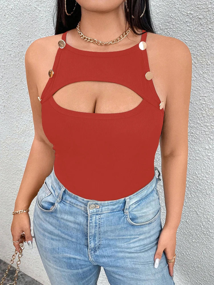 Plus Size 2025 Summer New Front Cutout Button Detail Top