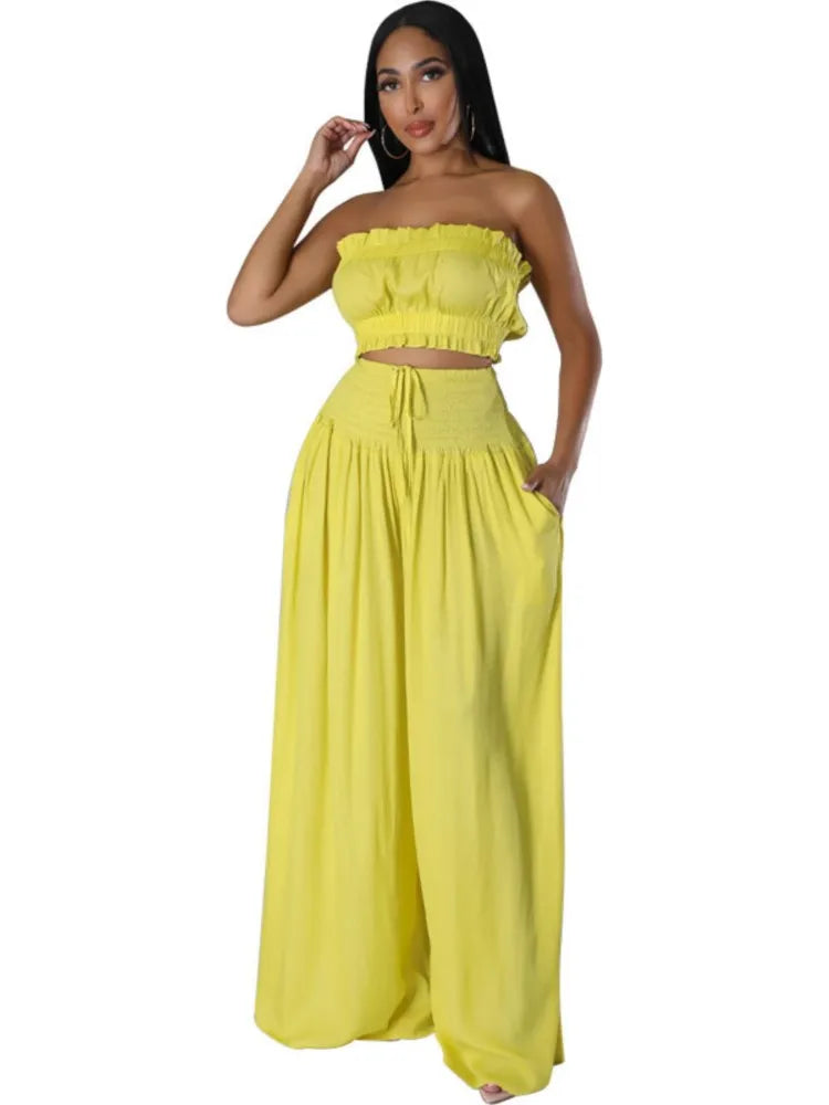 Sexy Ultra Short Breast Wrap And Pants Stylish Ladies 2 Piece Strapless Top + Loose Wide Leg Pant Suit.  S-xxL
