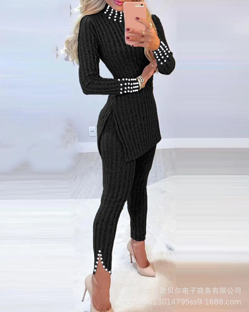 Two Piece Long Sleeve Ribbed Slit Long Top and High Waist Pencil Pant Set Fashion Outfit.