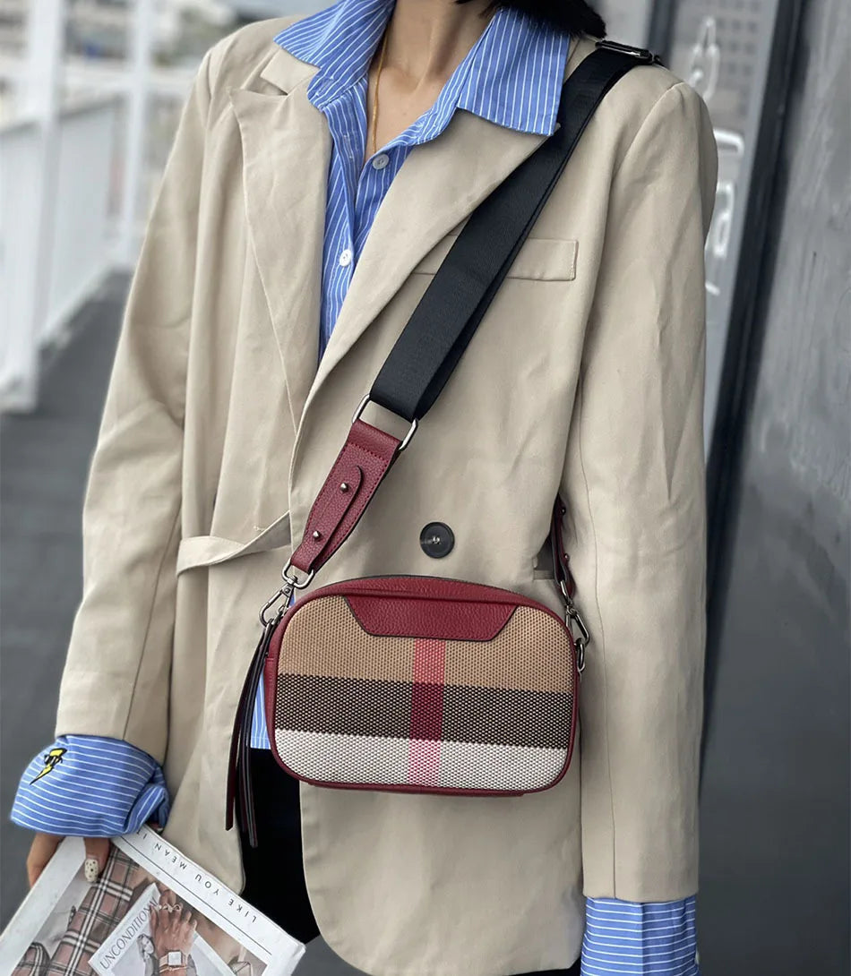 Genuine Leather Women Bag Small Canvas Cross body Wide Strap Trendy Square Designer Luxury Sling Shoulder bag