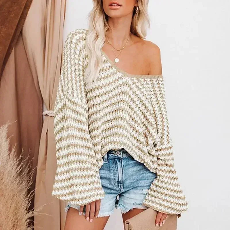2025 Women Pullover Sweater Casual Knitted Fashion Loose V Neck Striped Fall Winter Top .  S-2X