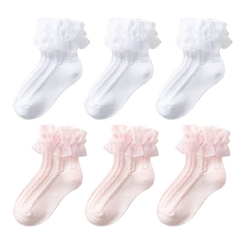 3/6 Pairs Girls Lace Ruffle Socks Cotton Breathable Comfy Adorable Princess-Style Kids Dance-Ready Socks with Frilly Trim