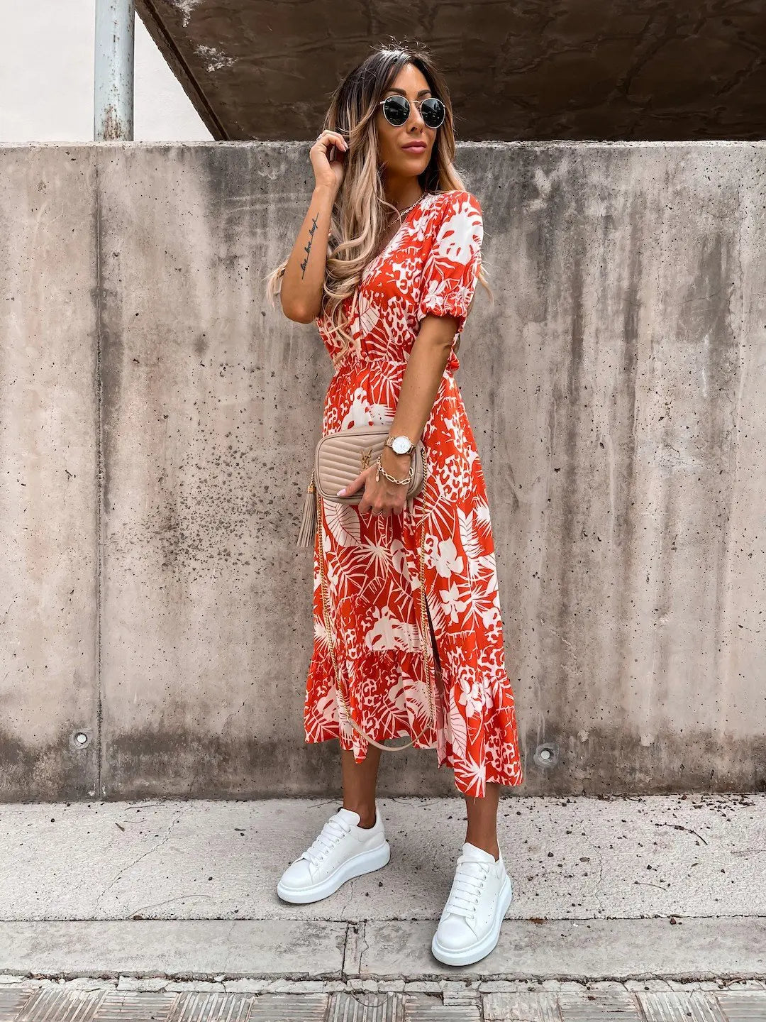 Summer Floral Print Dress V Neck Side Slit Short Sleeve Button Slim Spring Party Dress.  S-3X