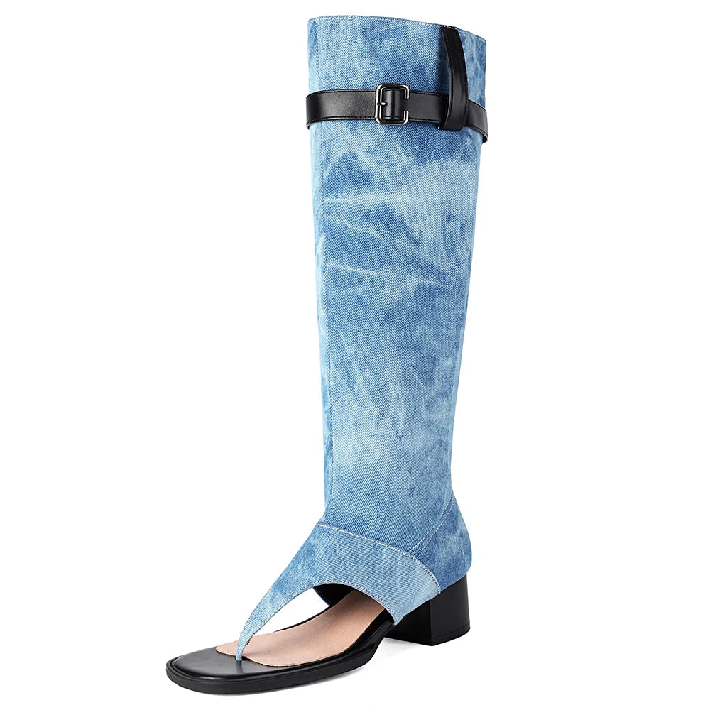 Summer Women Open Toe Boots Chunky Heel Flip-Flops Knee-High Boots With Belt Buckle