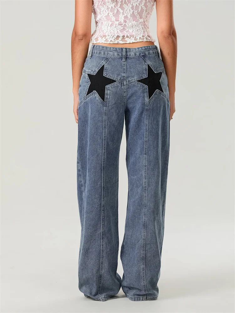 Women's Star Pattern Wide Leg Jeans - Loose Fit Casual Denim Pants
