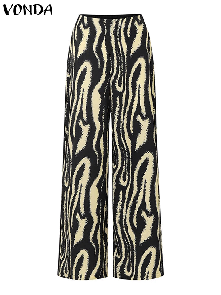 Plus Size Women Pant Set Zebra-stripe Bohemian Printed 2PCS Long Sleeve Skew Collar Top and High Waist Pants Casual Sets.  XL-5X