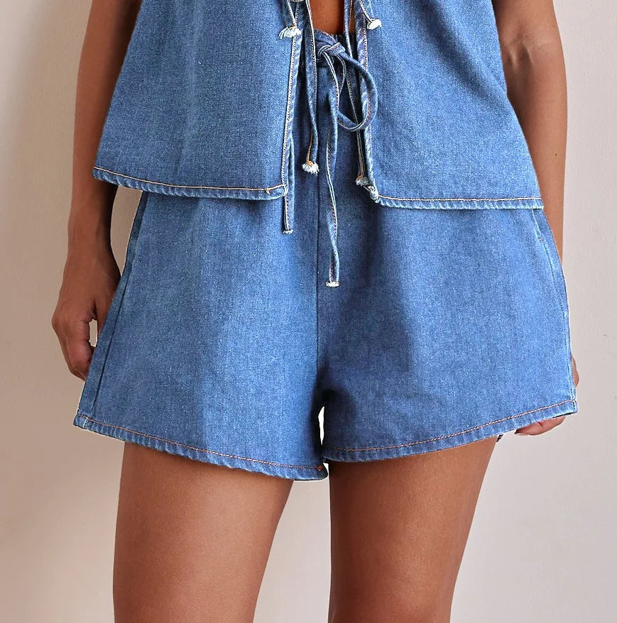 Denim 2 Piece Casual 2025 Sleeveless Tank Top Lace Up High Waist Shorts Suit.  S-XXL