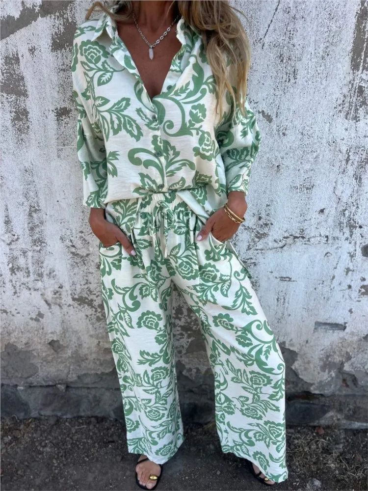 Women's Printed Long-sleeved Shirt And Pants 2piece Elastic Waist Pocket Pants Casual Suit.  S-3X